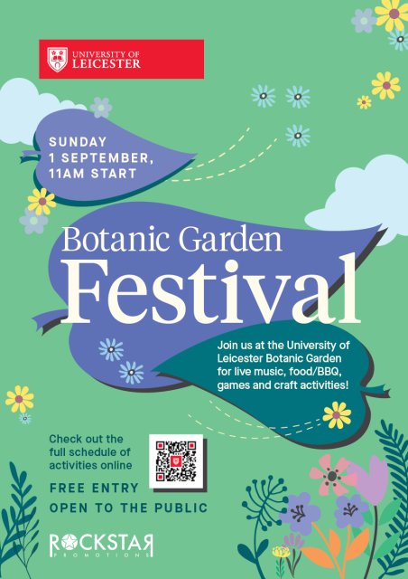 Poster for the University of Leicester's Botanic Garden Fest on Sunday 1 September from 11am