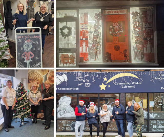 Photos of Mayor Clare Kozlowski presenting Salon 62, HRBS and Community Wishes with their trophies, as well as the winning window of Salon 62 decorated to look like Santa's Workshop