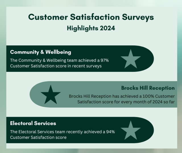 Graphic with text 'Customer Satisfaction Surveys Highlights January - October 2022'Housing Repairs - Responsive Repairs have achieved a 100% Customer Satisfaction Score every month of 2022.Environmental Health - Environmental Health scored a 100% Customer Satisfaction Score in 8 out of the 9 months surveys were undertaken this year.Planning DC - Planning DC saw massive improvements this year, with Customer Satisfaction Scores increasing from 59% in May to 97% in October.