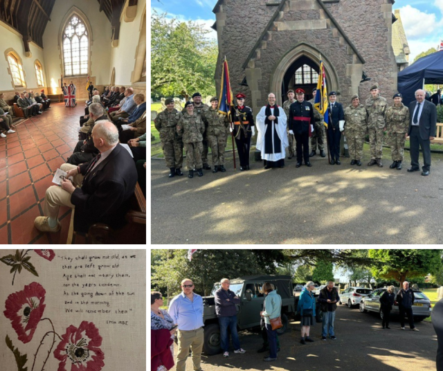 Collage of photos taken at the Re-dedication of the Oadby & Wigston Remembrance Room at Wigston cemetery, showing dignitaries, councillors and armed forces cadets.