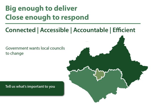 Map showing the proposal for North Leicestershire, South Leicestershire and Leicester City councils with text 'Big enough to respond, close enough to deliver. Connected, accountable, accessible, efficient.'