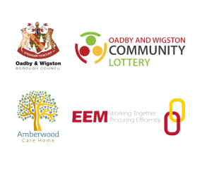 Logos of Oadby & Wigston Borough Council, Oadby & Wigston Community Lottery, Amberwood Care Home and EEM LTD